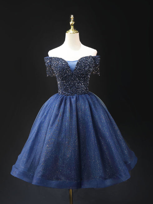 Gothic Royal Blue Off-Shoulder Short Wedding Party Dress - Designer Sequin Gown - Corset Back Wedding Dress Plus Size